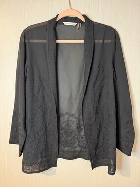 Soft Surroundings Embroidered Black Sheer Open-Front Layering Cardigan Small